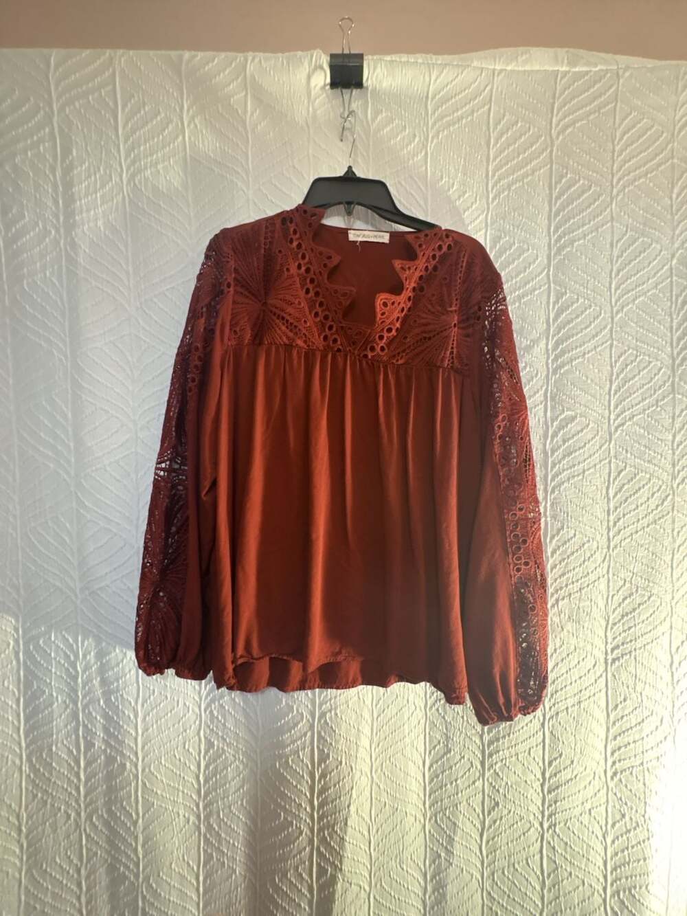 Cactus + Pearl Rust Red Long Sleeve Lace Yoke Babydoll Blouse Top